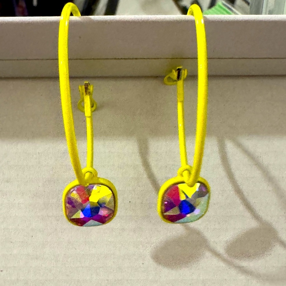 Neon Yellow Hoop Earrings with Crystal Charm – Trendy & Fun - Picture 1 of 3